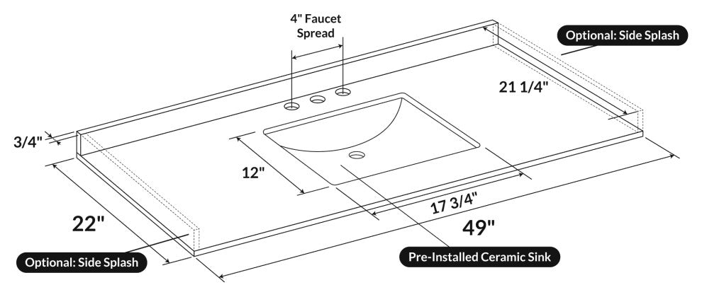 Cara White Vanity Top With Square Sink, 49"x22", 4" Faucet Spread