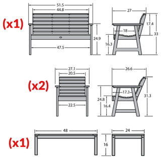 4' Weatherly Bench, Chairs, Conversation Table, 4-Piece Set, Coastal Teak