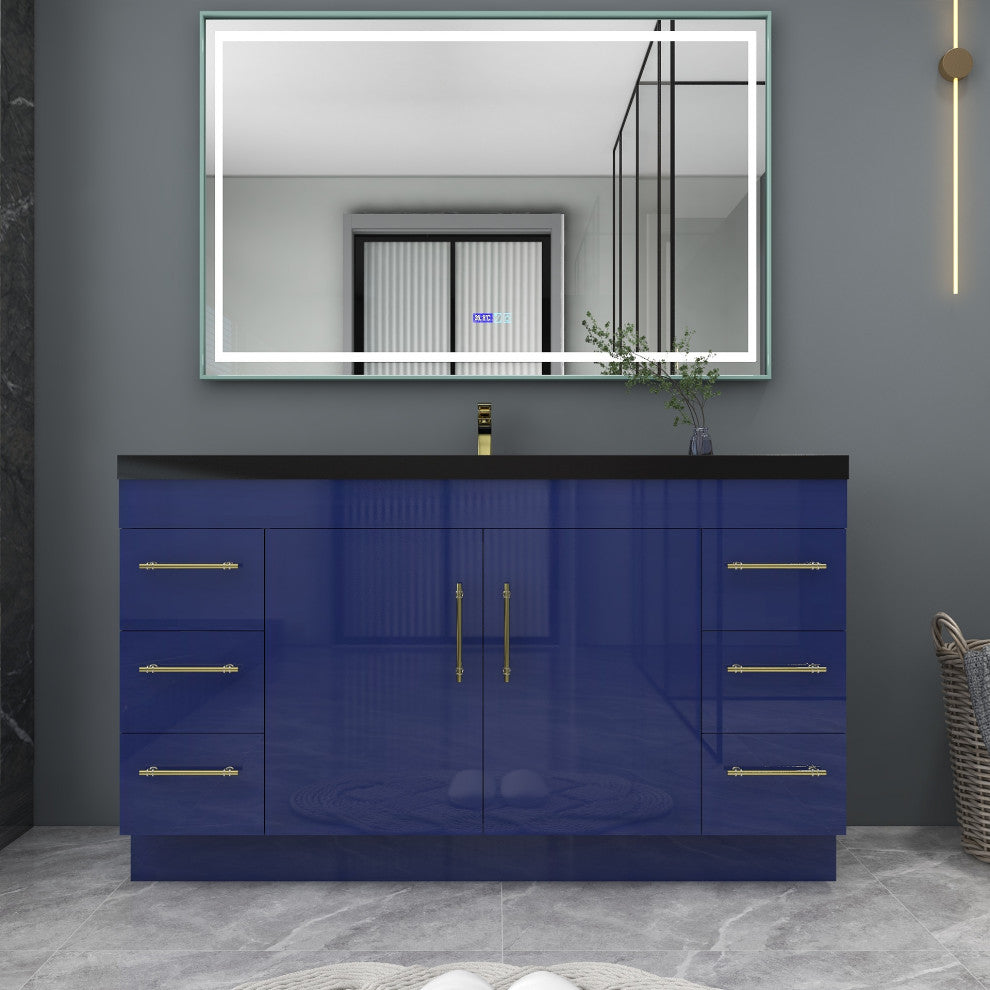 Rosa 60" Free Standing Modern Vanity, High Gloss Gray, Glossy White Top