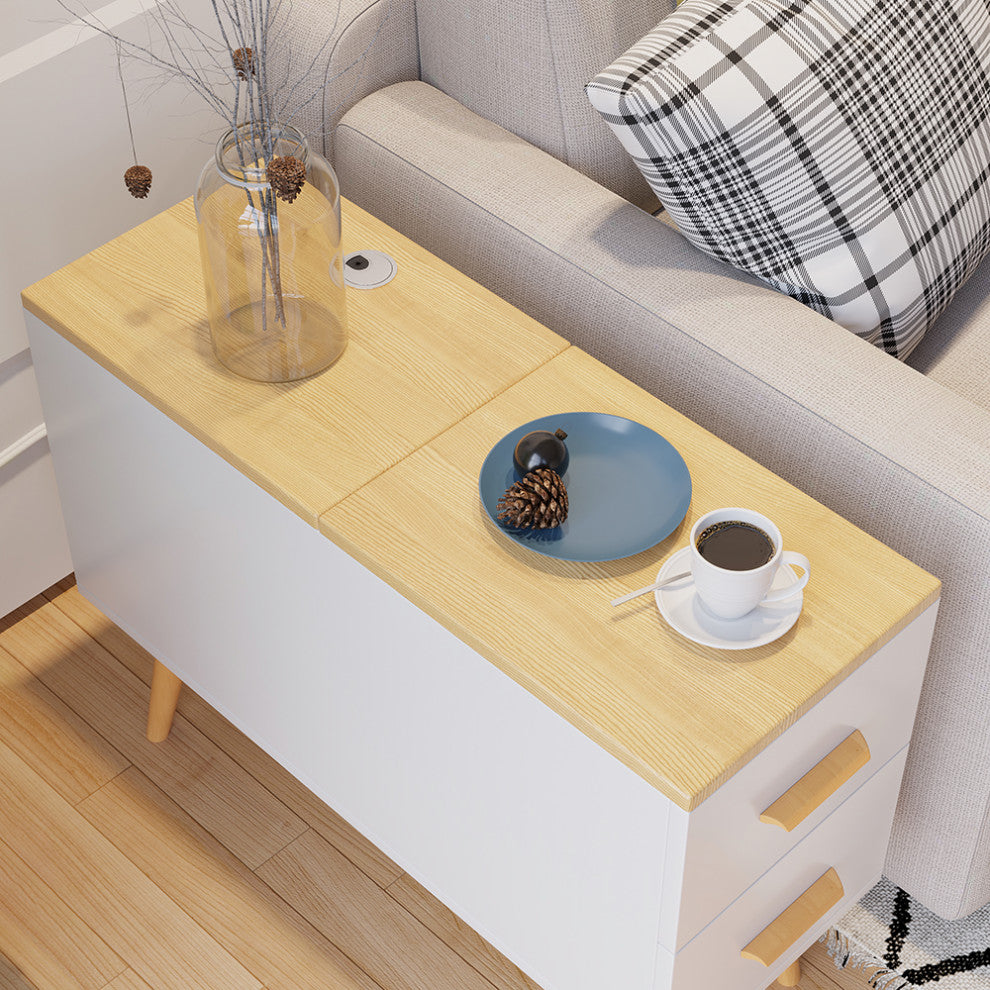 Rectangle End Table with Drawers Modern Sofa Side Table for Living Room, Natural