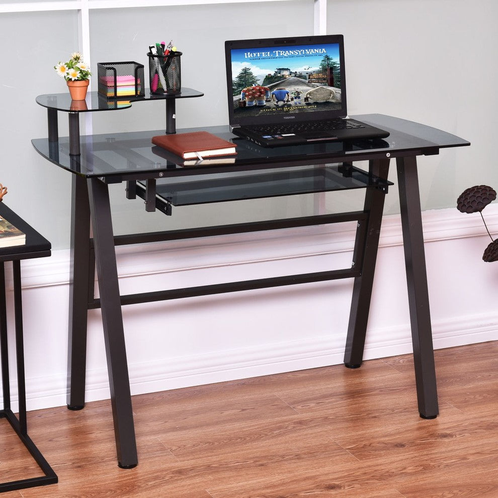 Modern Glass Top Computer Desk with Printer Shelf