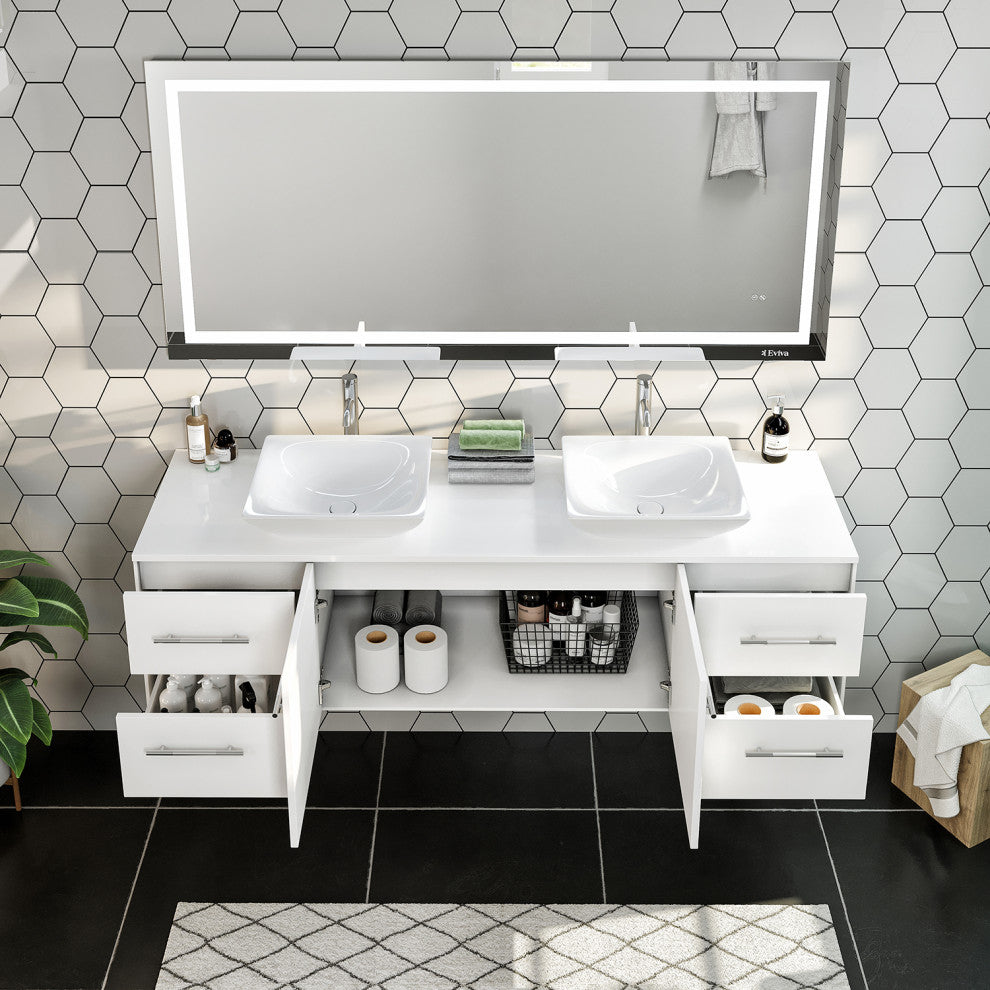 Totti Wave 72 inch White Modern Double Sink  Vanity  Top And Double Sinks