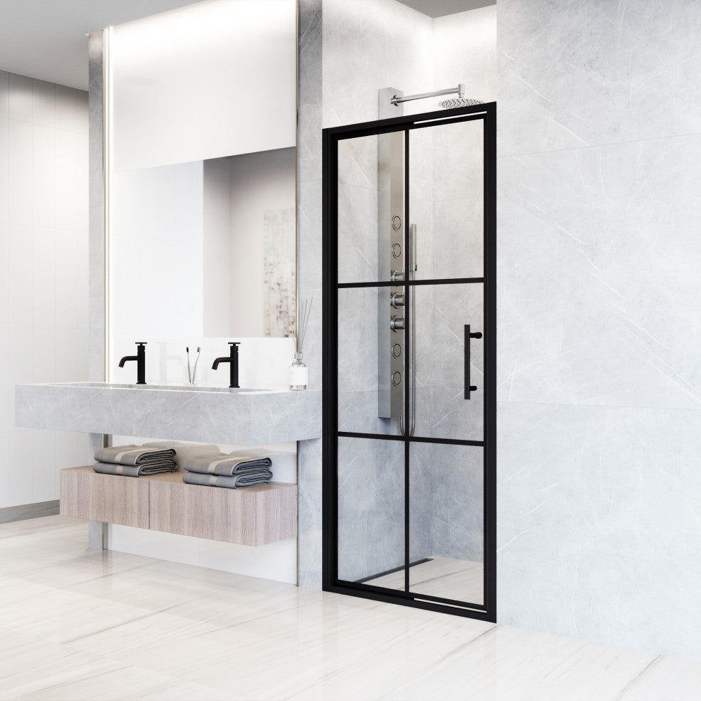 VIGO Astoria Framed Pivot Shower Door, Matte Black, 30" W X 76" H, Clear Glass