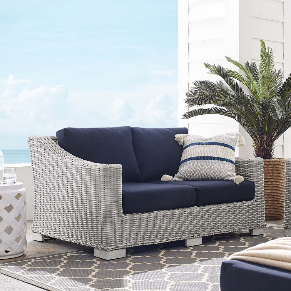 Lounge Loveseat Sofa, Sunbrella, Rattan, Wicker, Gray Blue Navy, Outdoor