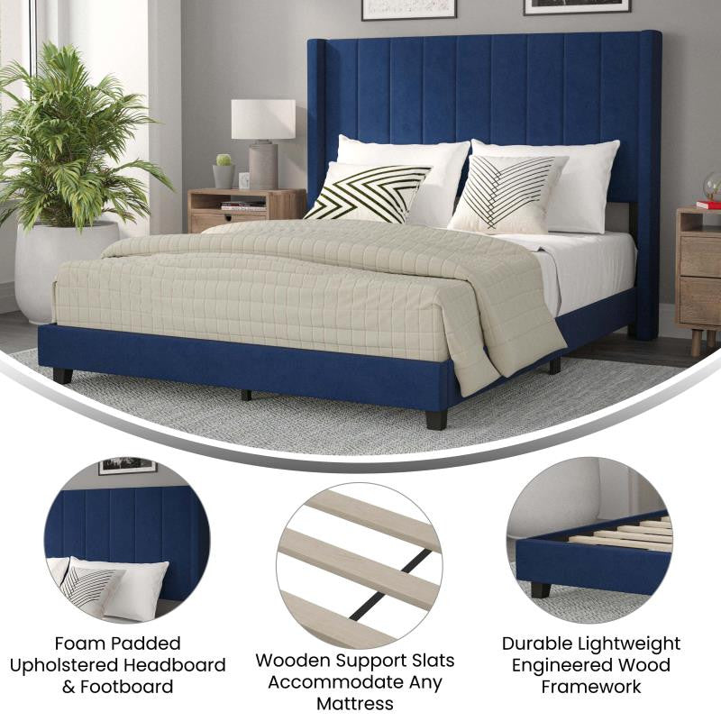Bianca Upholstered Platform Bed w/Vertical Stitched Wingback Headboard, Navy Velvet, Queen