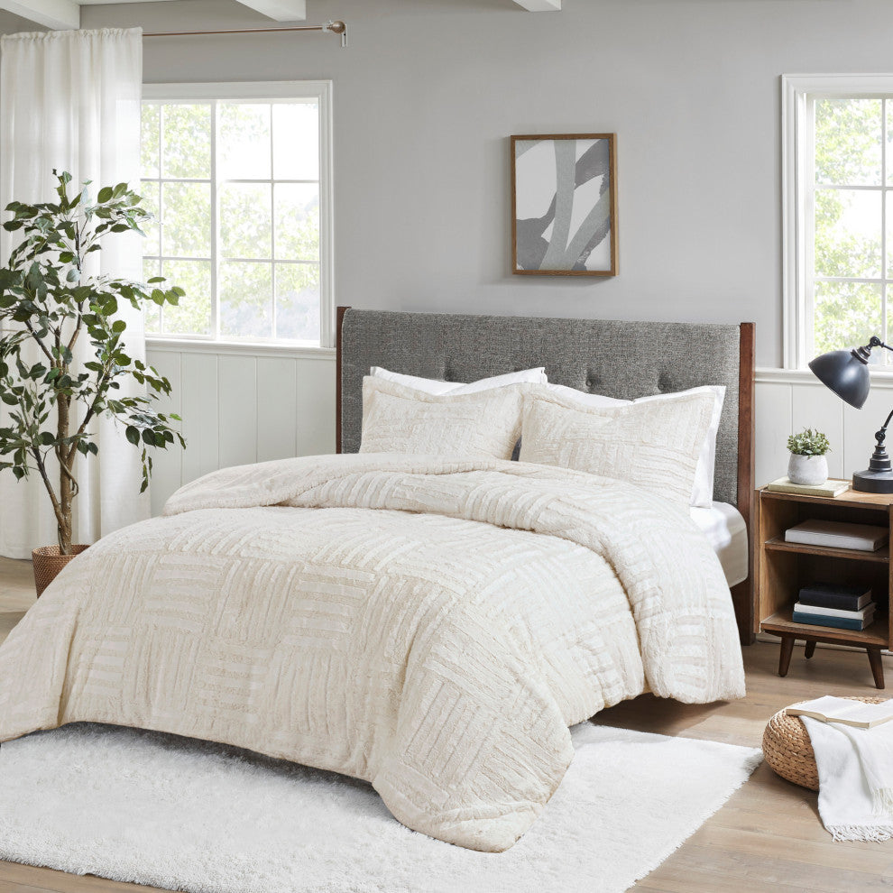 Madison Park Checkboard Brushed Long Fur Comforter Mini Set, Ivory, King/Califor