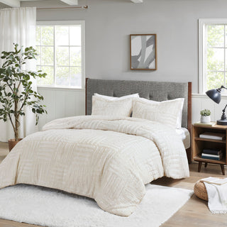 Madison Park Checkboard Brushed Long Fur Comforter Mini Set, Ivory, King/Califor