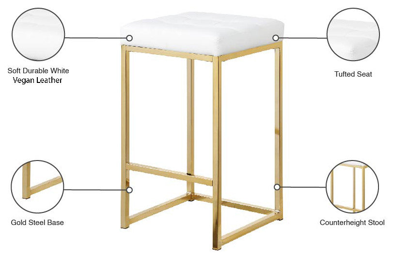 Nicola Counter Stool, Set of 2, White, Vegan Leather, Gold Base