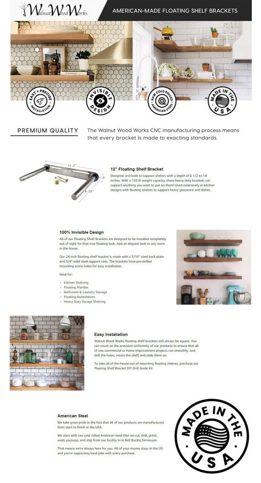12" Heavy Duty Floating Shelf Bracket-Made in the USA