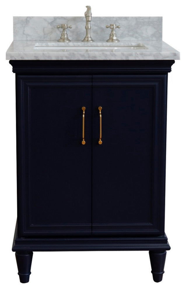 25" Single Vanity, Blue Finish With White Carrara And Rectangle Sink