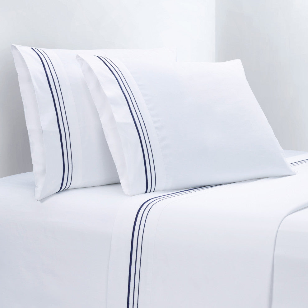 Embroidered Border Sheet Set, 4 Piece, Navy, Twin