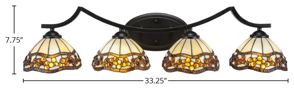 Zilo 4 Light Bath Bar, Matte Black Finish, 7" Roman Jewel Tiffany Glass
