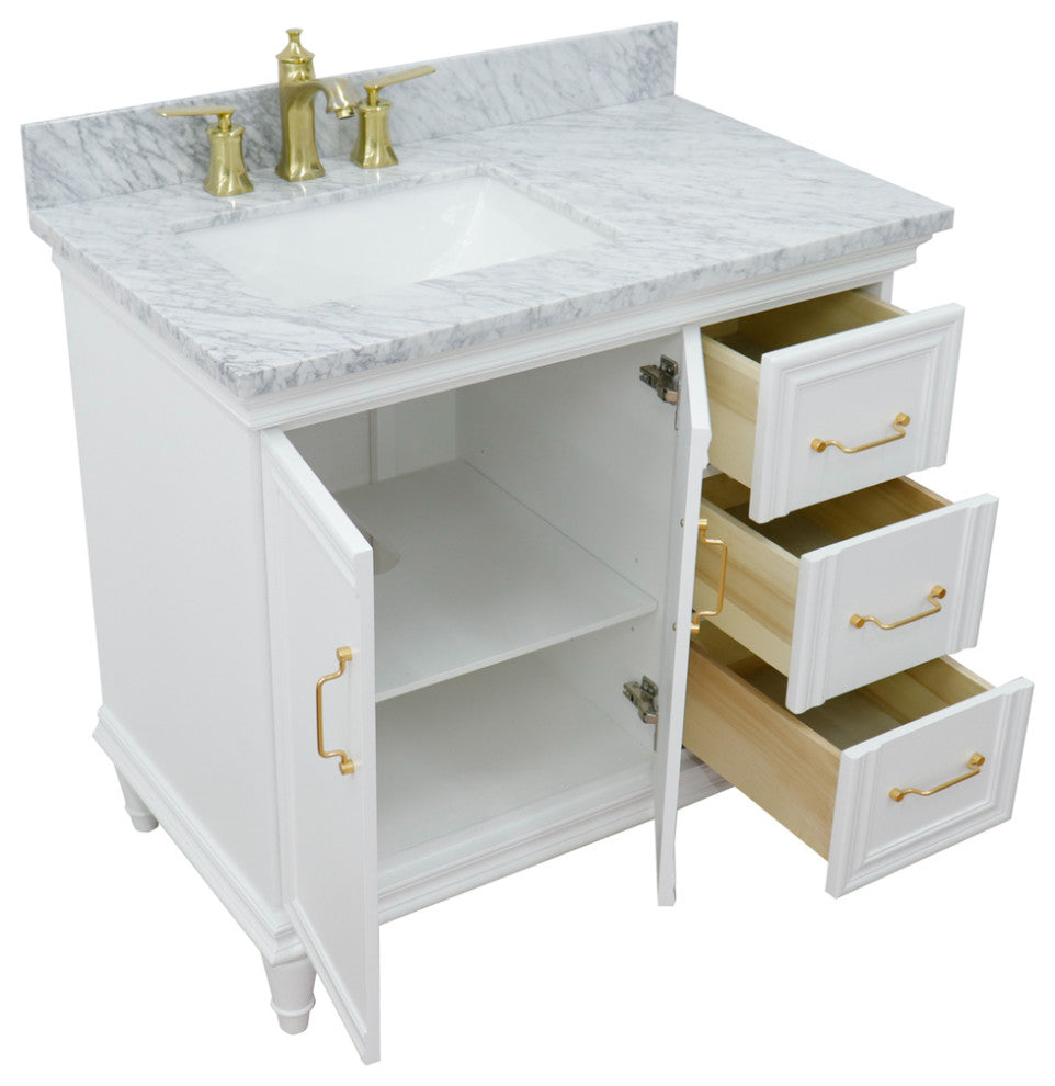 37" Single Vanity, White Finish With White Carrara