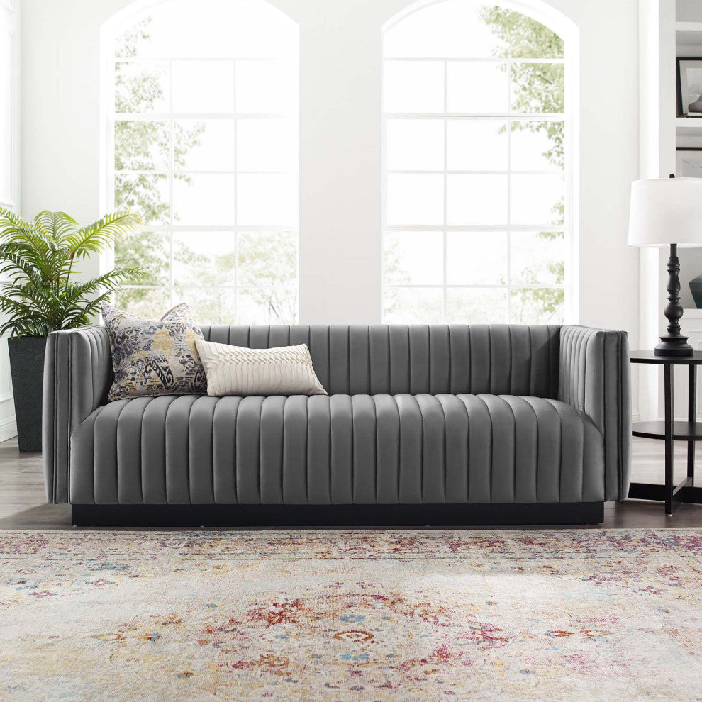 Tufted Sofa, Velvet, Gray, Modern, Living Lounge Hotel Lobby Hospitality