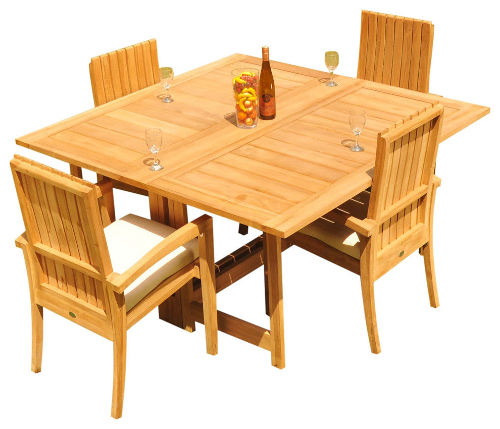 5-Piece Outdoor Teak Set: 60" Square Butterfly Table, 4 Goa Stacking Arm Chairs