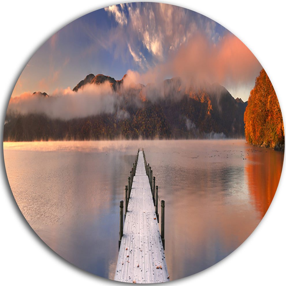 Jetty In Lake Japan, Seascape Photography Large Disc Metal Artwork, 11"