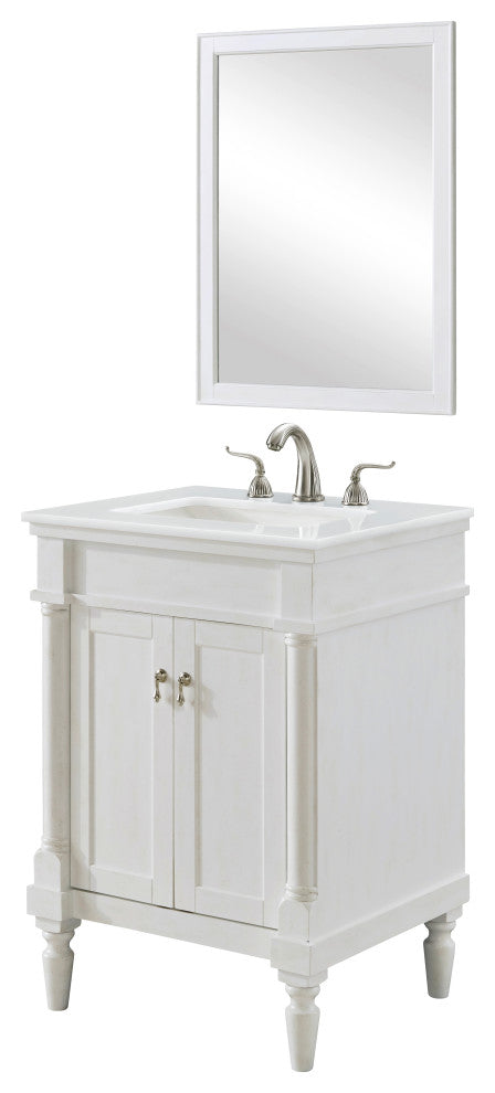 24" Single Bathroom Vanity, Antique White With Ivory White Engineered Marble