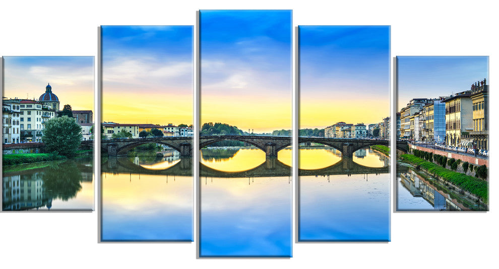 Carraia Medieval Bridge on Arno River, Beach Photo Canvas Art, 60"x32", 5 Panels