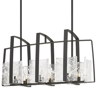 Arc Linear Pendant, Natural Iron, White Swirl Glass