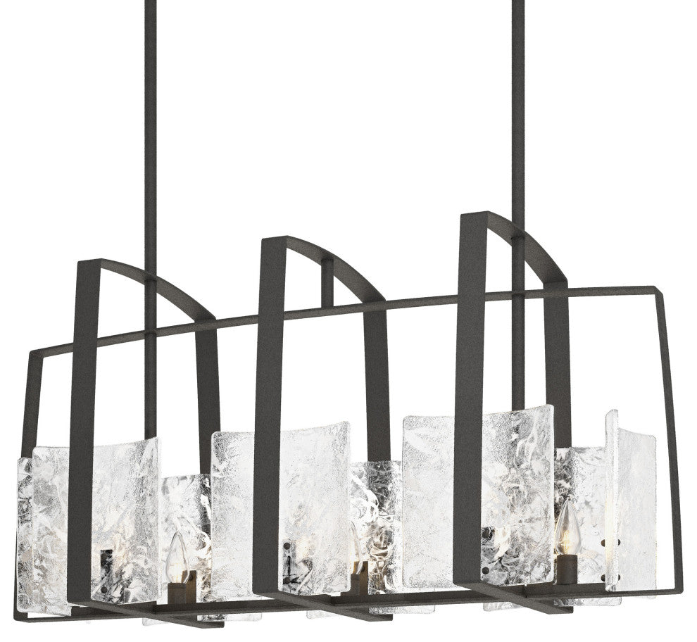 Arc Linear Pendant, Natural Iron, White Swirl Glass