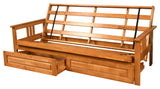 Caleb Frame Futon With Butternut Finish, Storage Drawers, Oregon Trail Saddle