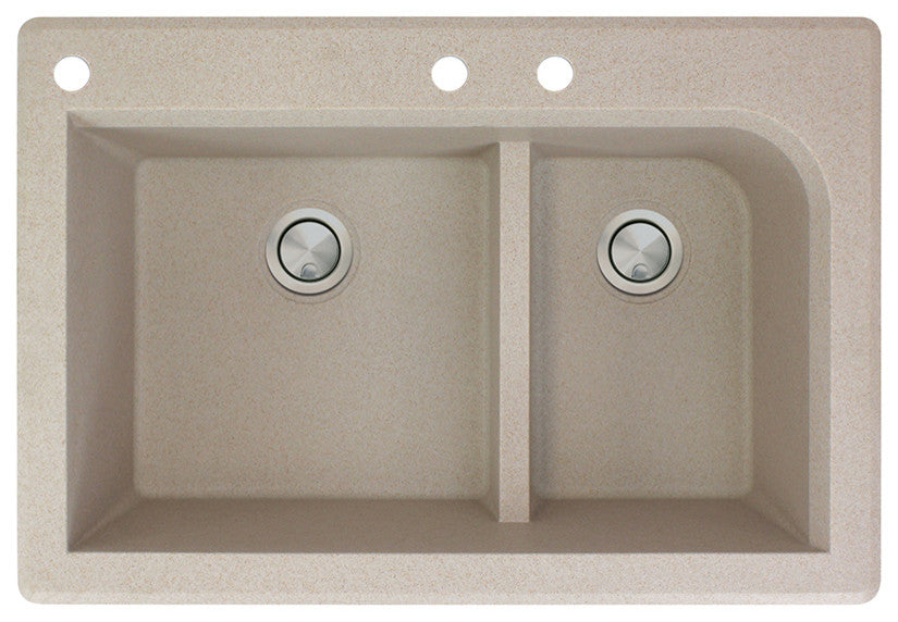 Radius 33" silQ Granite Double Bowl Kitchen Sink with 3 Holes in Cafe Latte