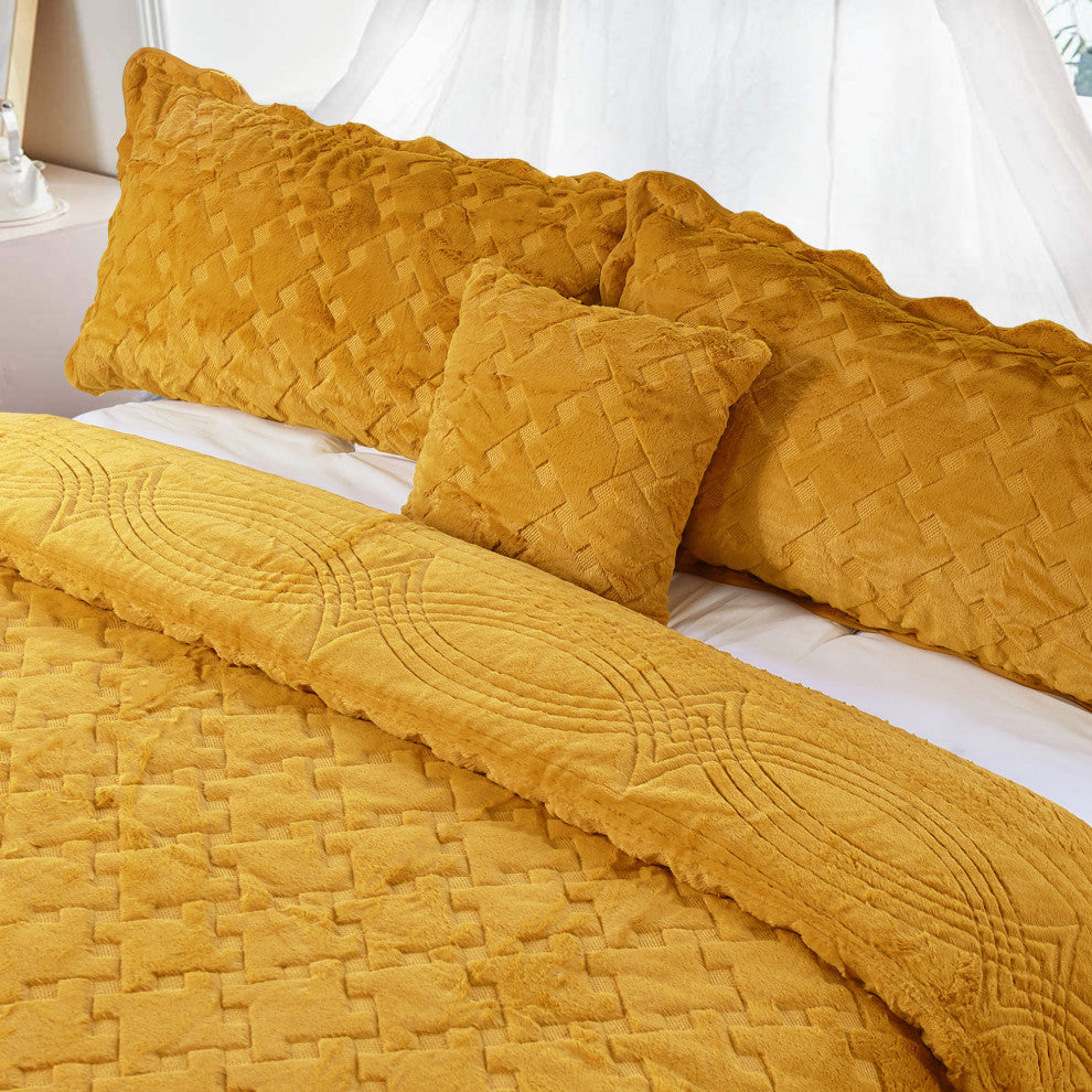 Tatami Quilted Faux Fur Bedspread Set, Apricot, King