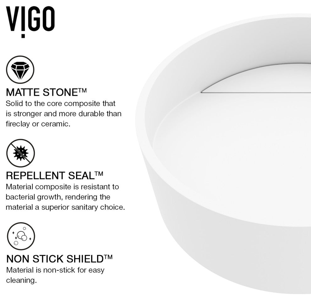 VIGO Starr 15"L x 15"W x 5"H Matte Stone Round Bathroom Vessel Sink