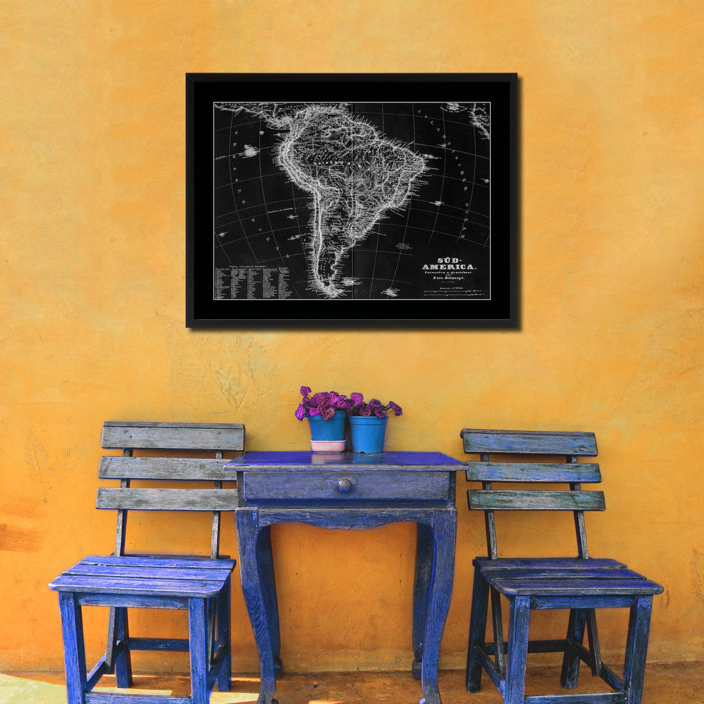South America Old Monochrome Map Print On Canvas With Black Frame, 16" X 21"