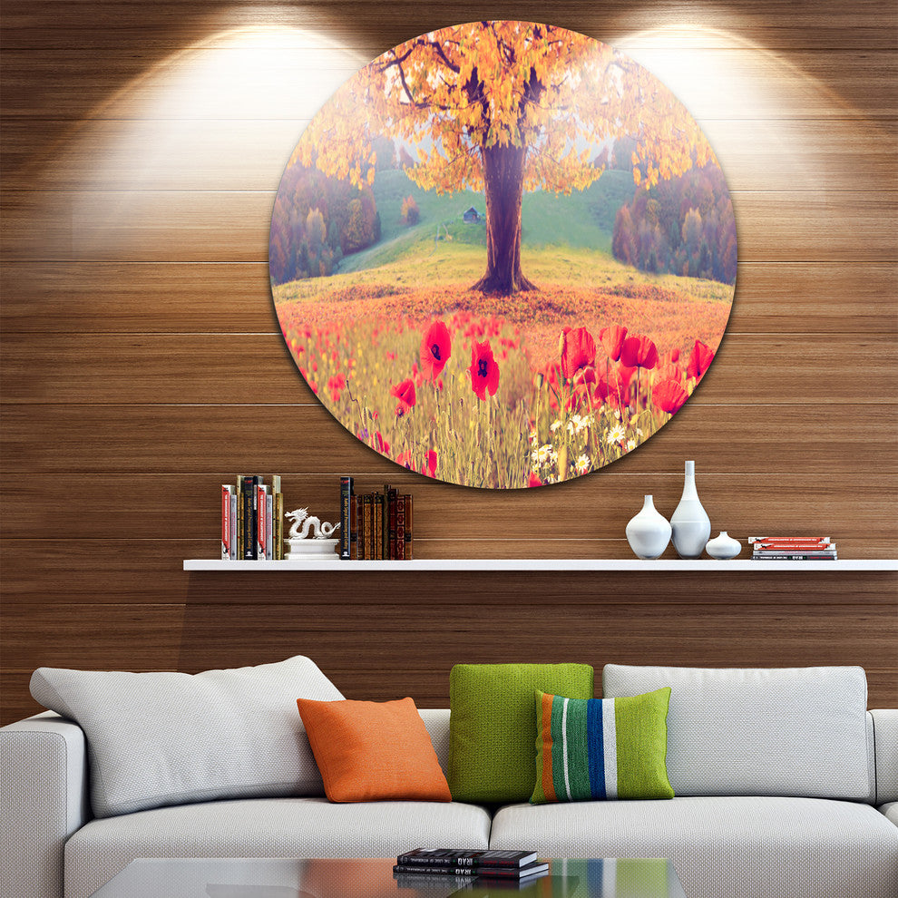 Landscape With Poppy Flowers, Photo Large Disc Metal Wall Art, 23"
