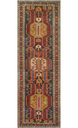 Fine Vintage Distressed Marva Navy/Burgundy Runner, 3'5x10'5