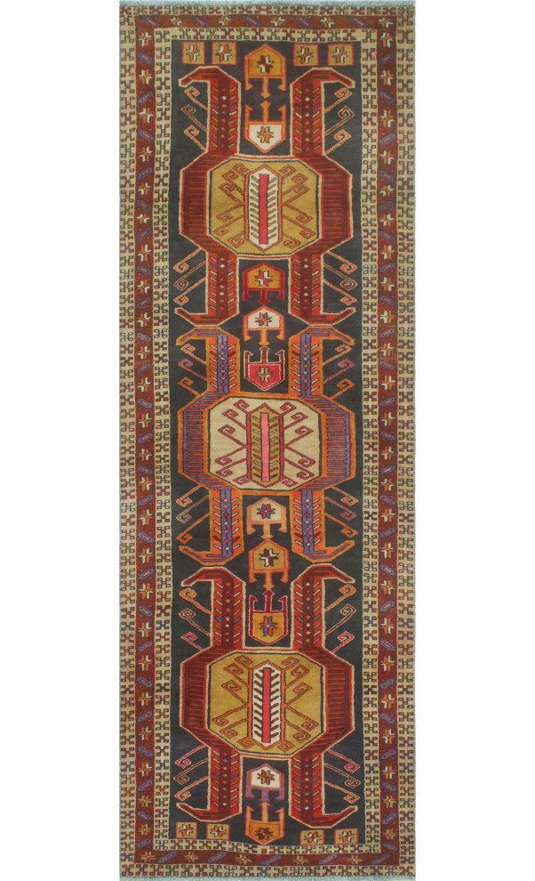 Fine Vintage Distressed Marva Navy/Burgundy Runner, 3'5x10'5