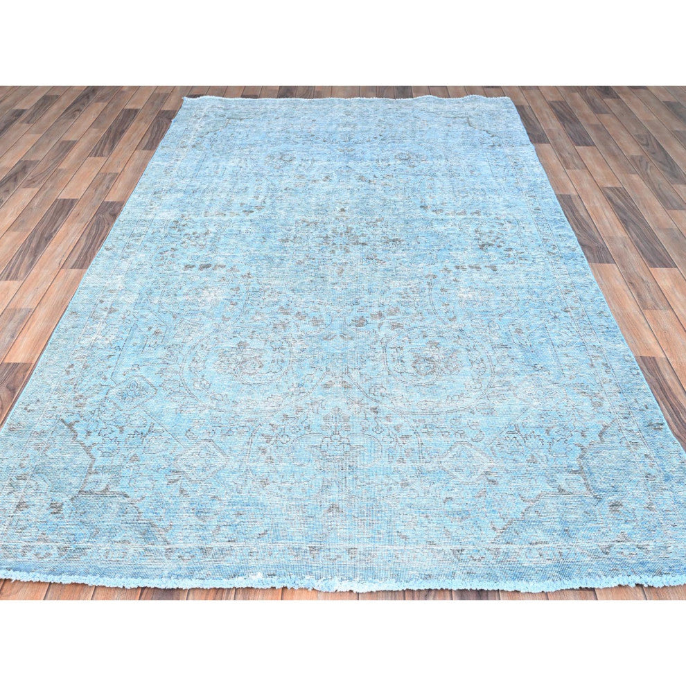 Baby Blue, Vintage Persian Tabriz, Worn Wool Hand Knotted Rug, 5'7"x9'2"