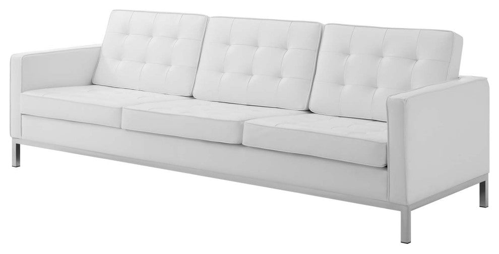 Tufted Armchair and Loveseat Sofa Set, Faux Leather, Silver White, Modern