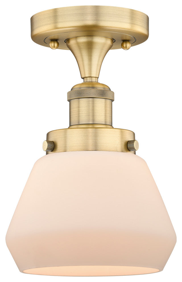 Fulton-1 Light 7" Semi-Flush Mount-Brushed Brass, Matte White Glass Shade