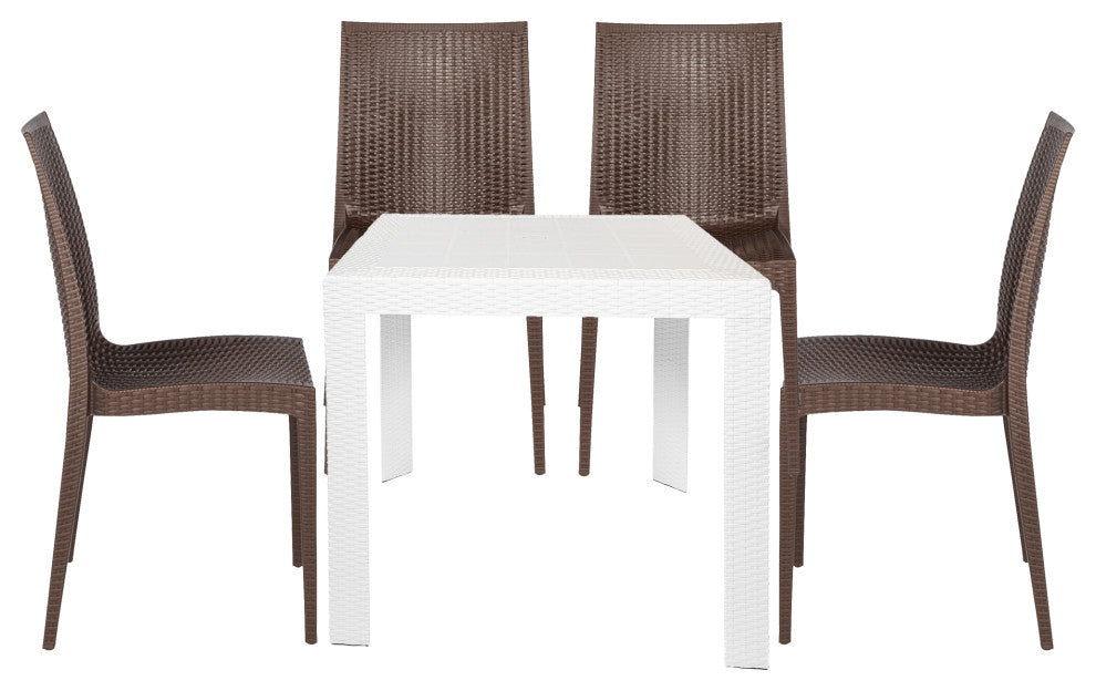 LeisureMod Mace Mid-Century 5-Piece Outdoor Patio Dining Set, White/Brown