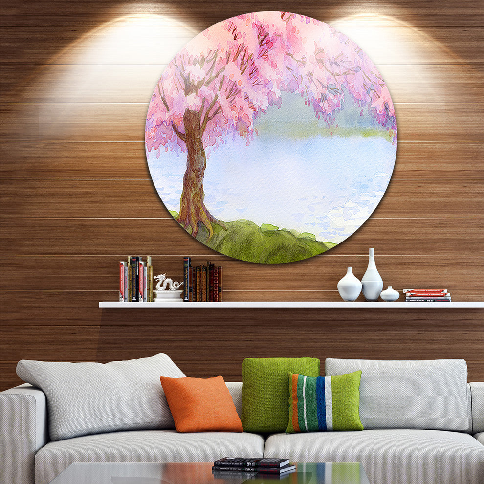 Flowering Pink Tree By Lake, Floral Disc Metal Artwork, 11"