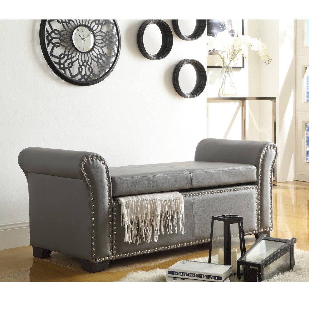 Veber PU Leather Nailhead Trim Storage Ottoman Bench, Gray