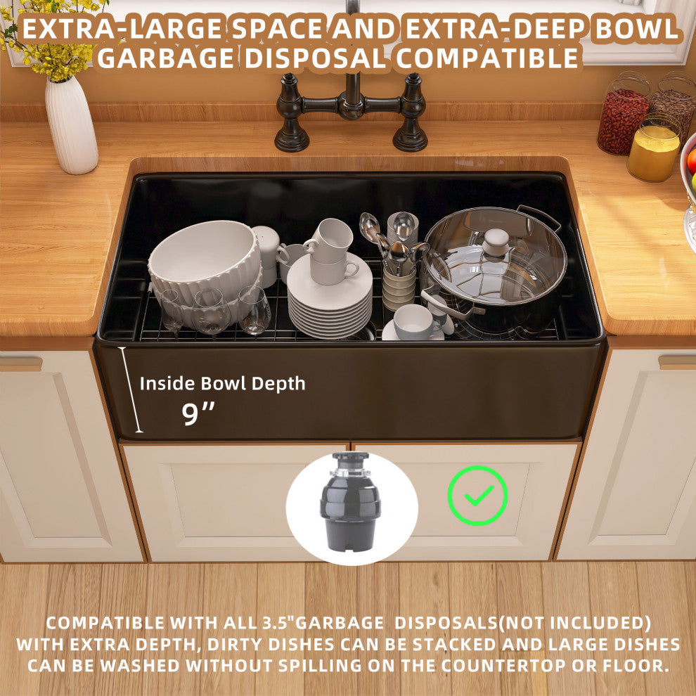 Black Fireclay 33 Inch Single Bowl Farmhouse Apron Front Kitchen Sink