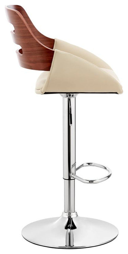 Karter Adjustable Cream Faux Leather and Walnut Wood Bar Stool with Chrome Base