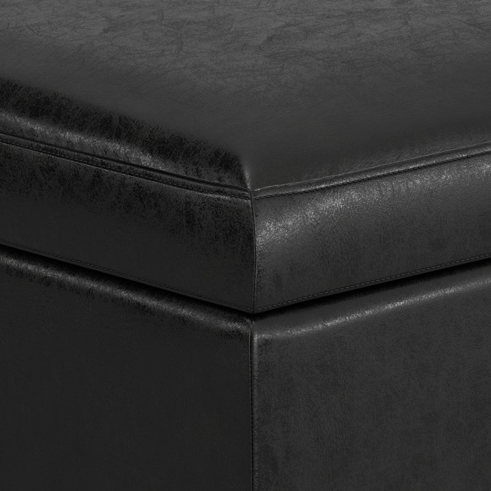 Owen Rectangular Storage Ottoman, Distressed Black Faux Air Leather