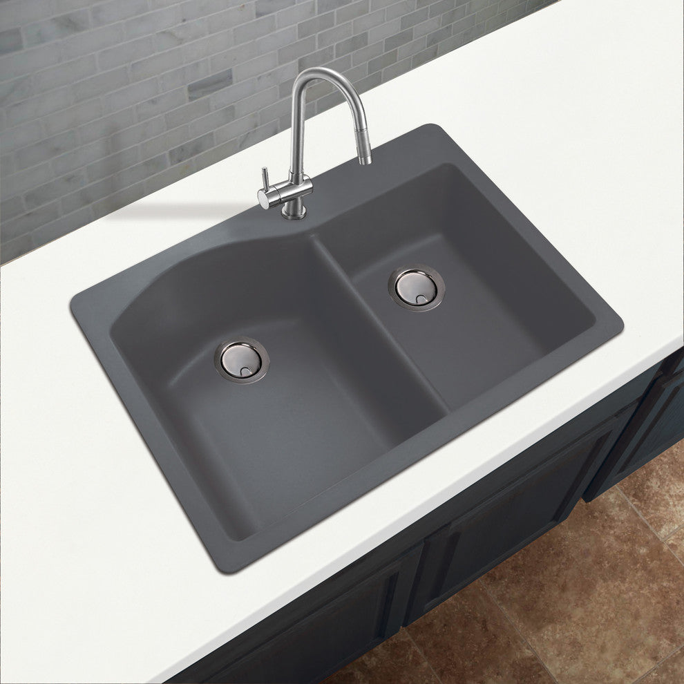 Aversa 33" silQ Granite Drop-in Double Bowl Kitchen Sink with 1 Hole in Grey