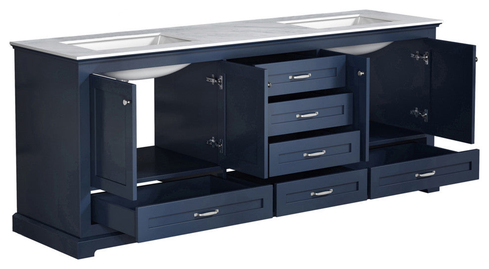 Dukes 80" Vanity, Wht Carrara Marble Top, Wht Sq Sinks & No Mirror, Navy Blue