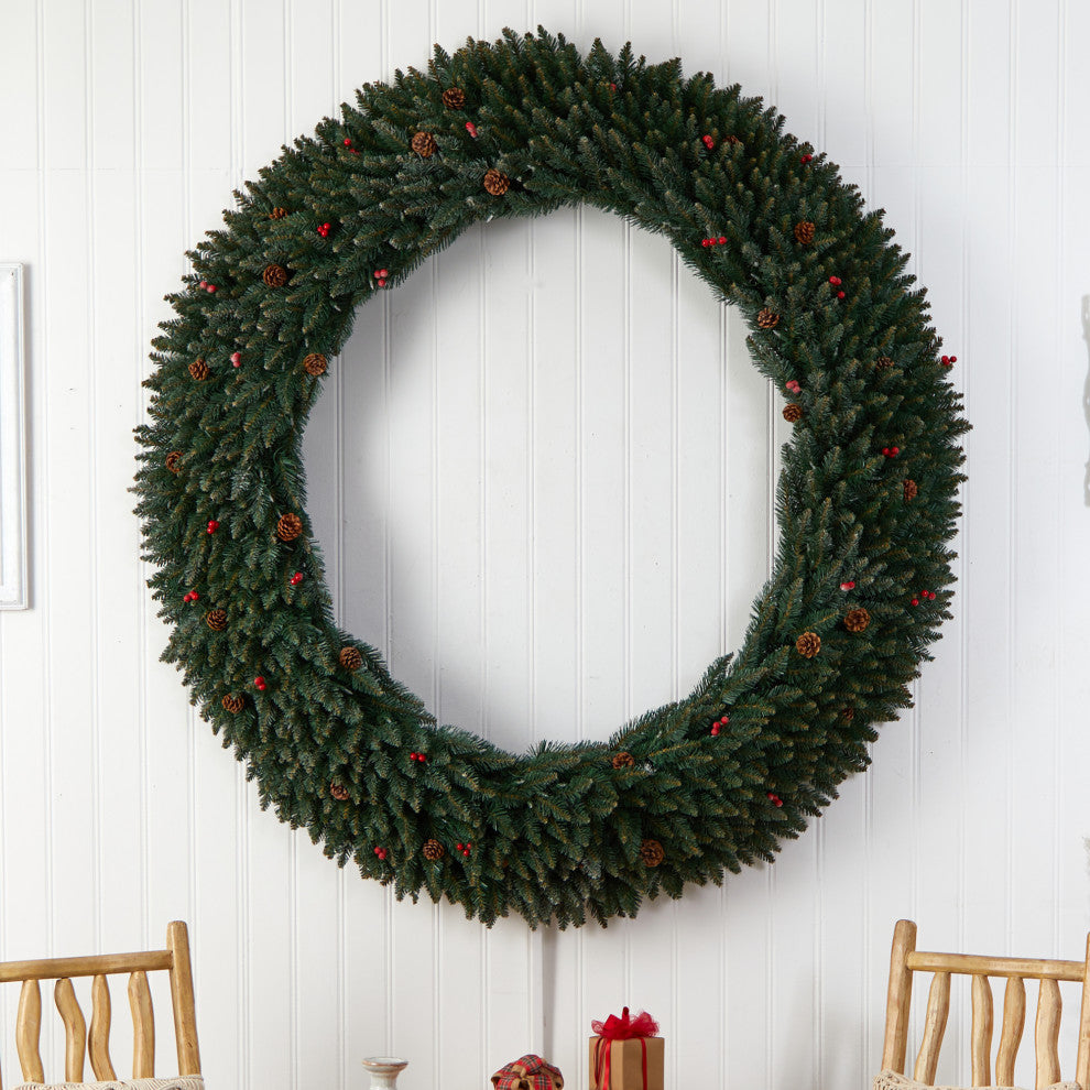 6' Large Flocked Artificial Christmas Wreath With Pinecones Berries 600 LEDs