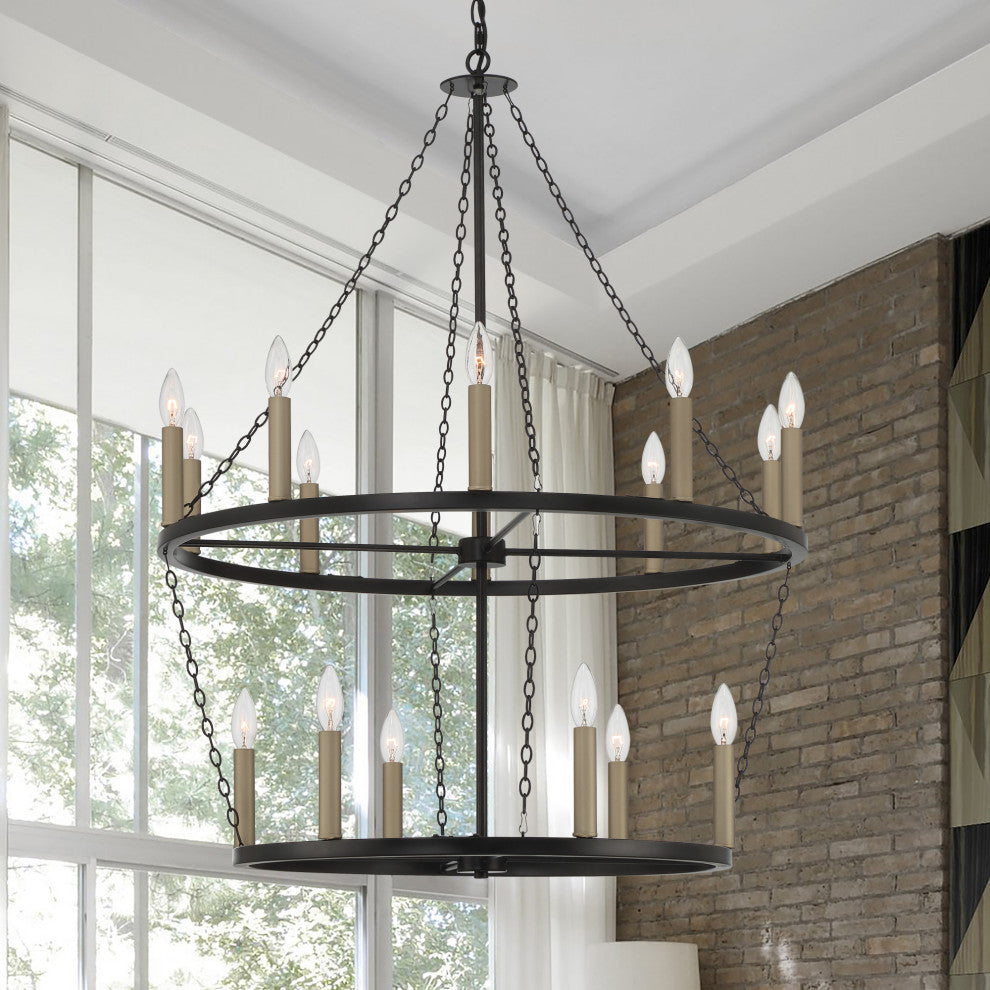 16-Light Candle Style Wagon Wheel Chandelier, Classic Black/Brass Dust