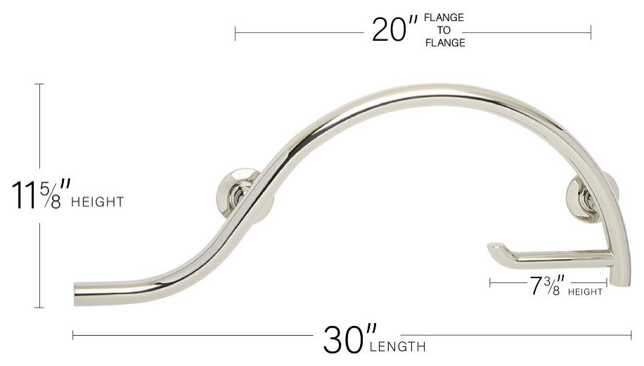 Curved Bathroom Shower Grab Bar w/ Toilet Paper Holder, Polished, Left-Handed
