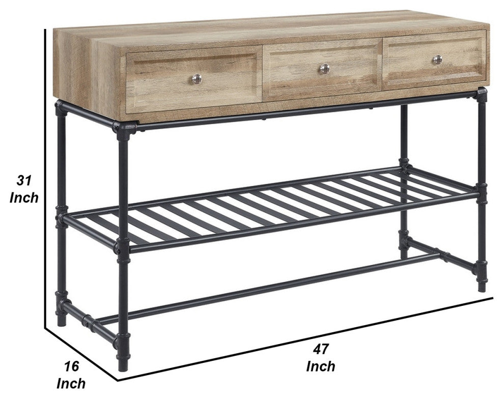 Benzara BM276289 Wood Sideboard Console Sofa Table, 3 Drawers, Industrial, Oak