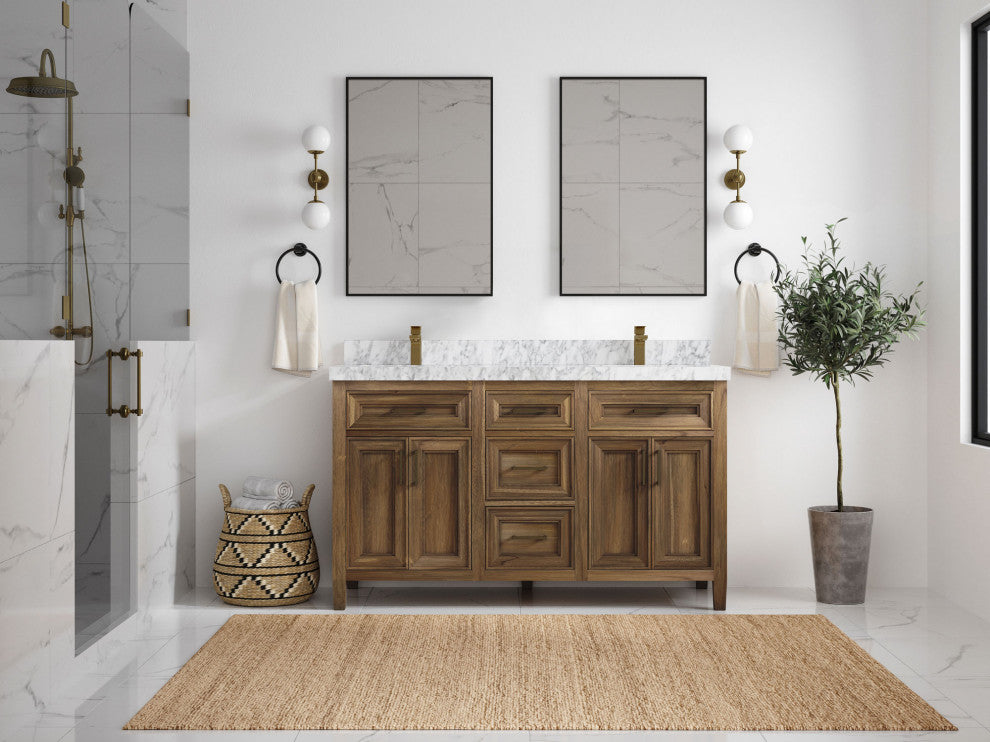 Santa Monica 60 Double Sink Bathroom Vanity in Graywashed Teak 2" Carrara Marble