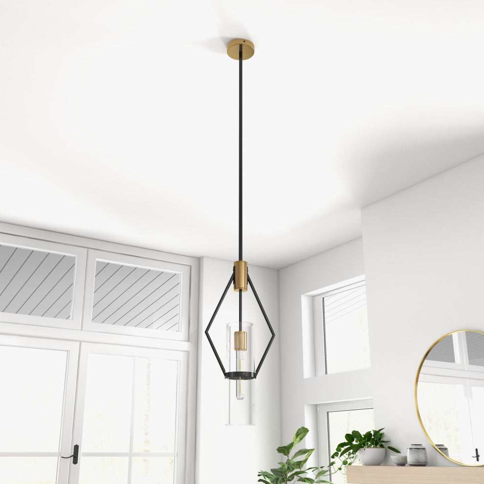 Everly Single Light Metal and Glass Pendant, Black and Brass