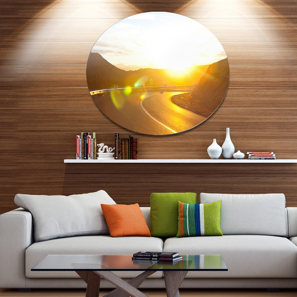 Yellow Road Under Sunset, Landscape Round Metal Wall Art, 23"